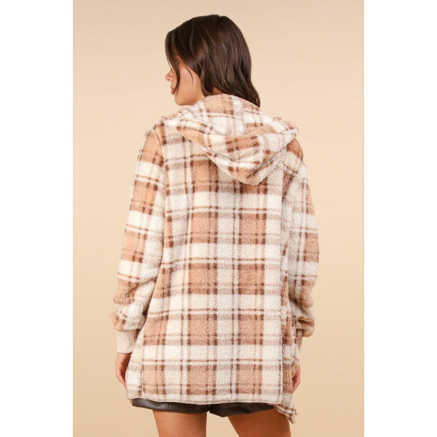 VERY J Fuzzy Plaid Long Sleeve Hooded Jacket Apparel and Accessories