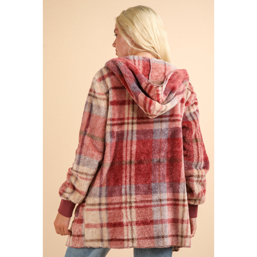 VERY J Fuzzy Plaid Long Sleeve Hooded Jacket Apparel and Accessories