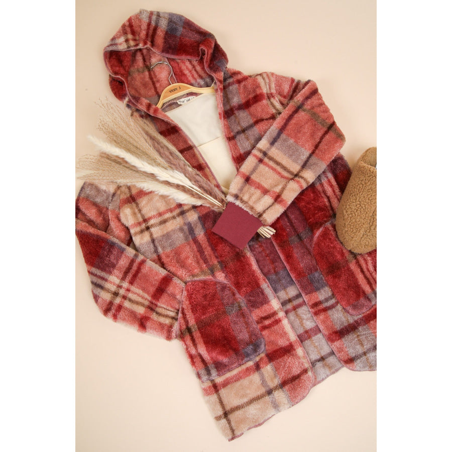 VERY J Fuzzy Plaid Long Sleeve Hooded Jacket Apparel and Accessories