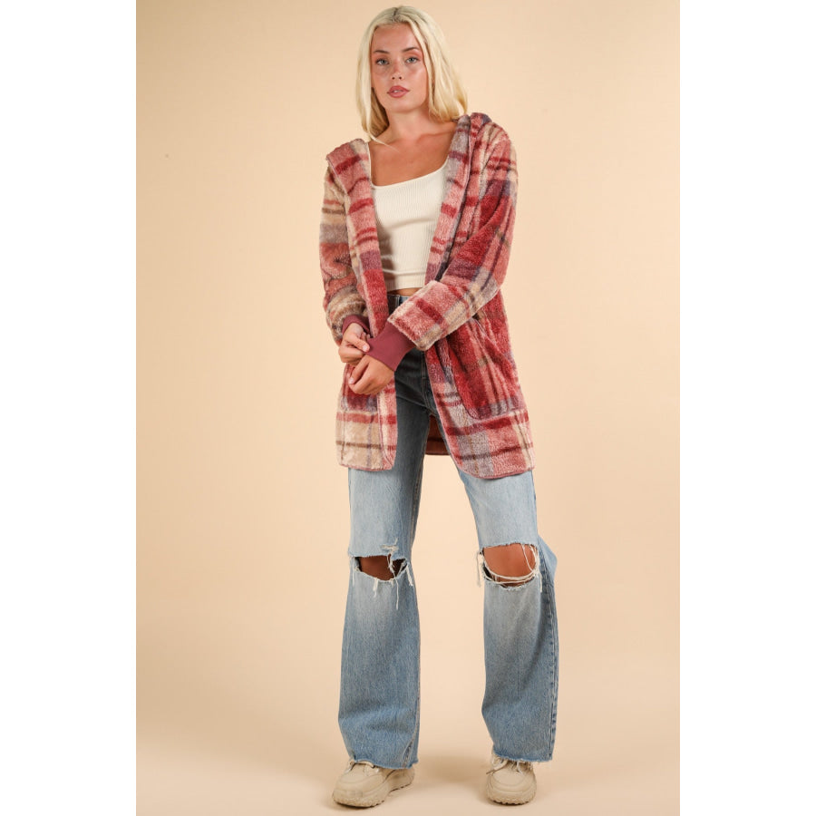 VERY J Fuzzy Plaid Long Sleeve Hooded Jacket Apparel and Accessories