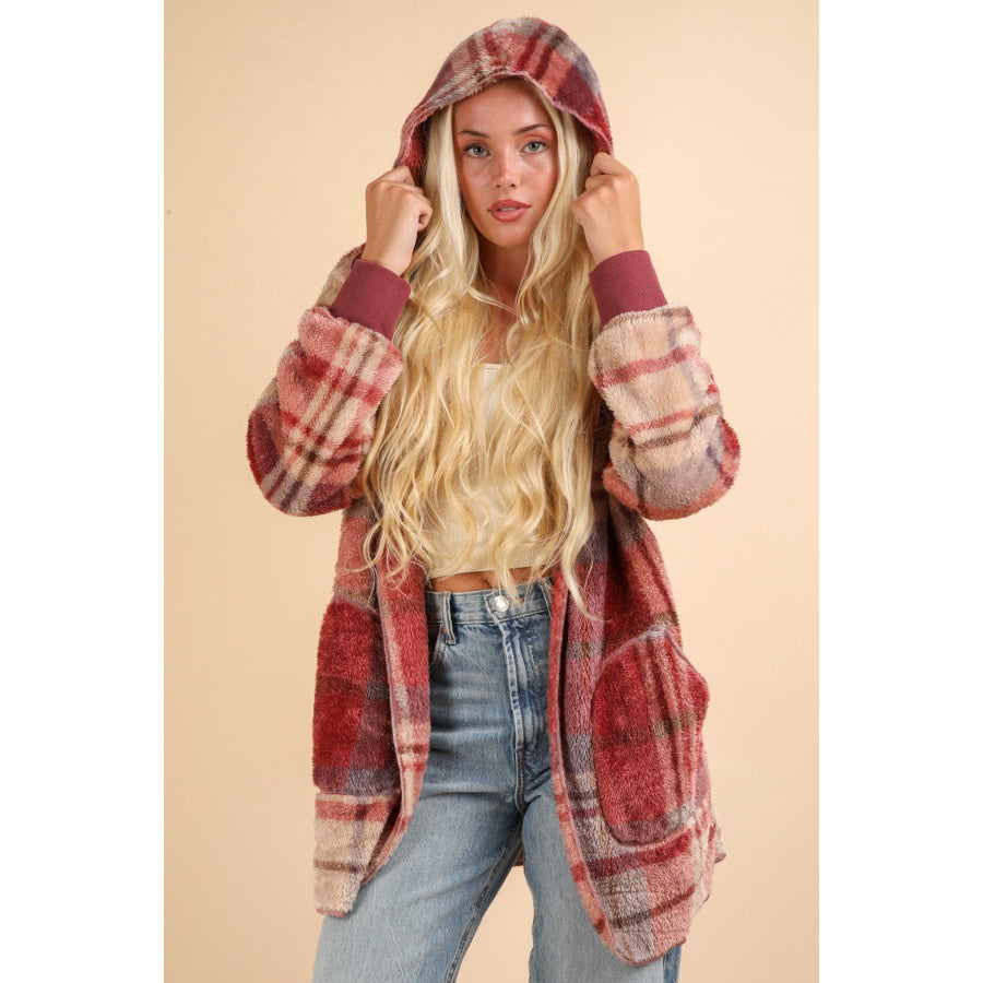 VERY J Fuzzy Plaid Long Sleeve Hooded Jacket Apparel and Accessories