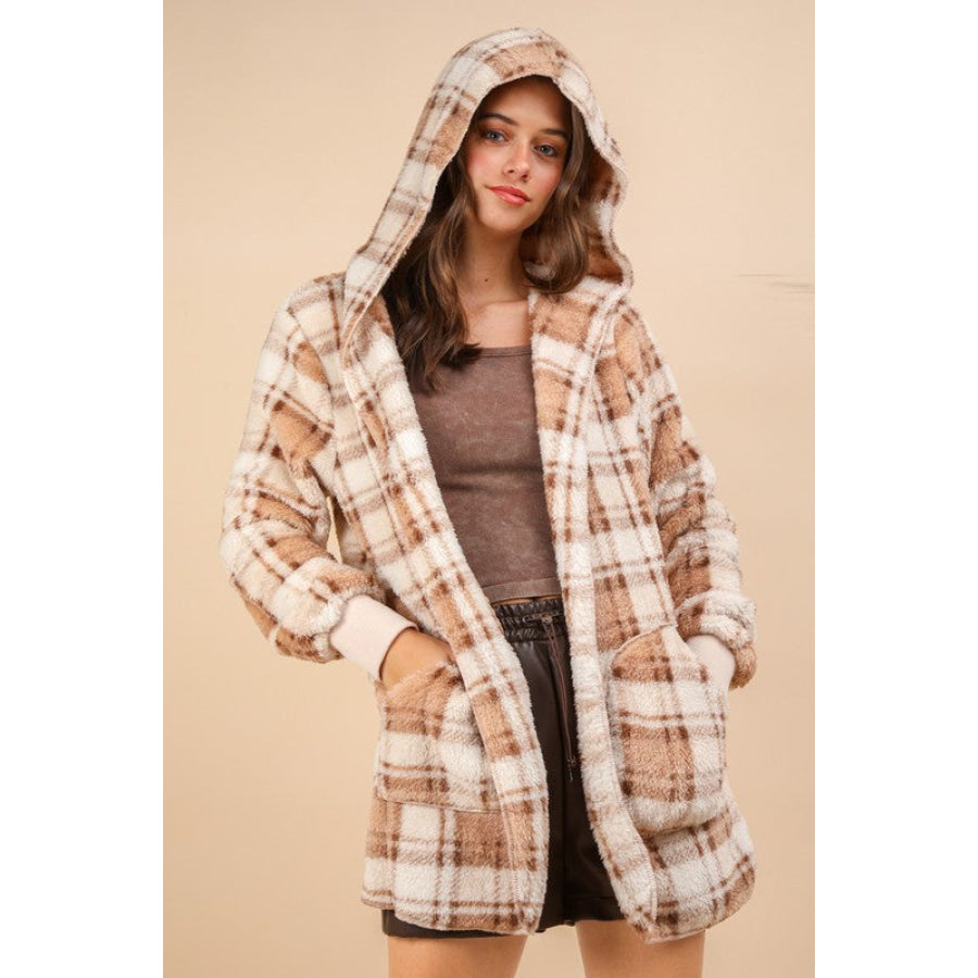 VERY J Fuzzy Plaid Long Sleeve Hooded Jacket CAMEL MIX / S Apparel and Accessories