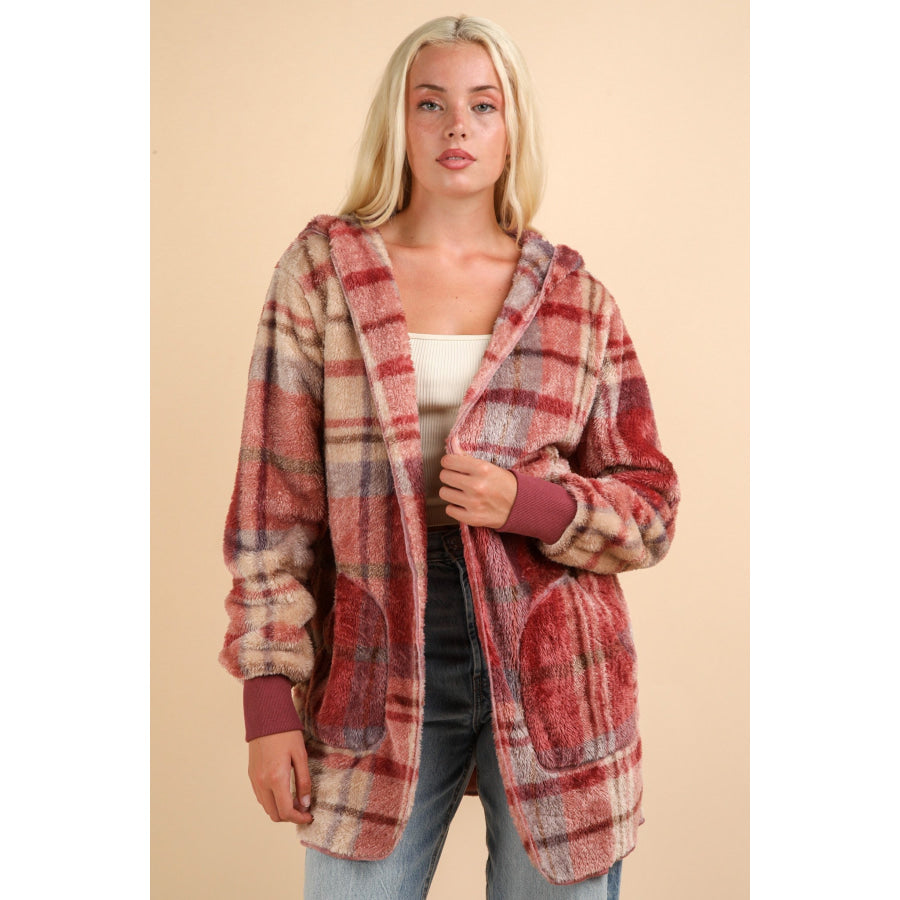 VERY J Fuzzy Plaid Long Sleeve Hooded Jacket Mauve Mix / S Apparel and Accessories