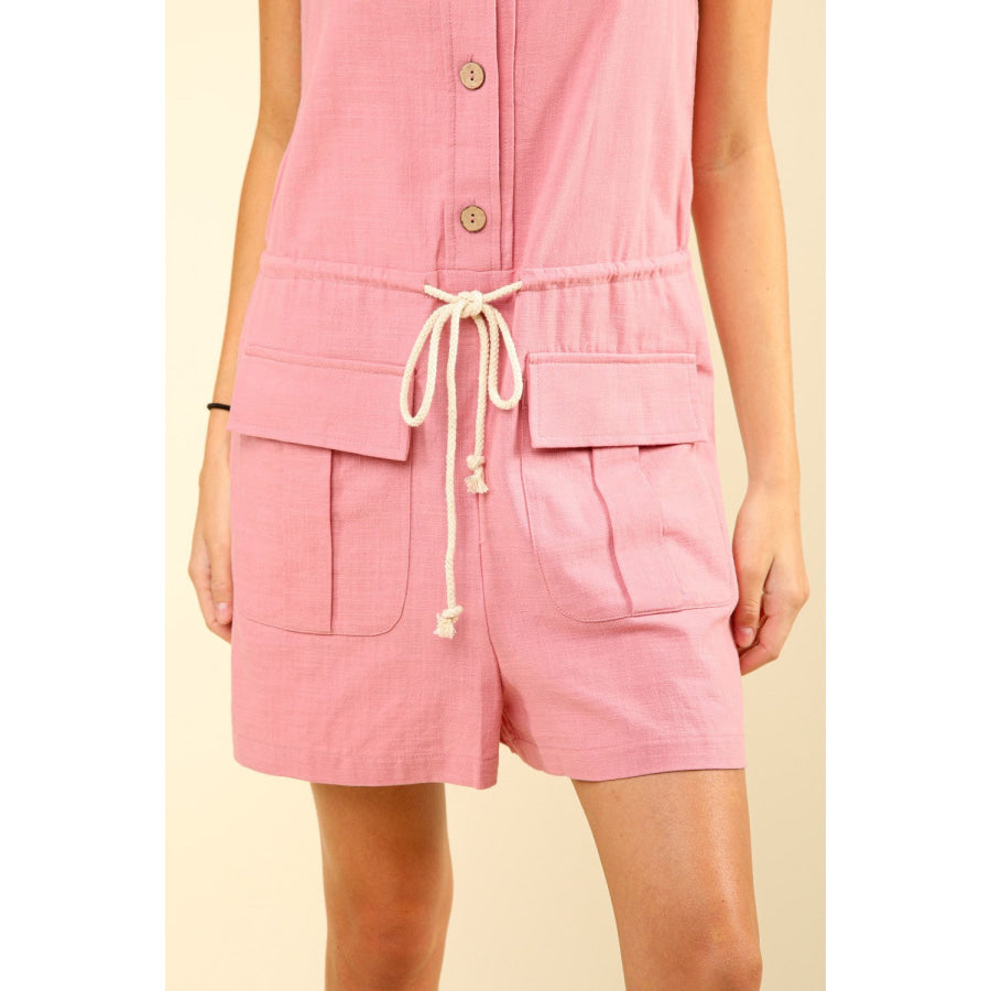 VERY J Half Button Drawstring Sleeveless Romper Apparel and Accessories