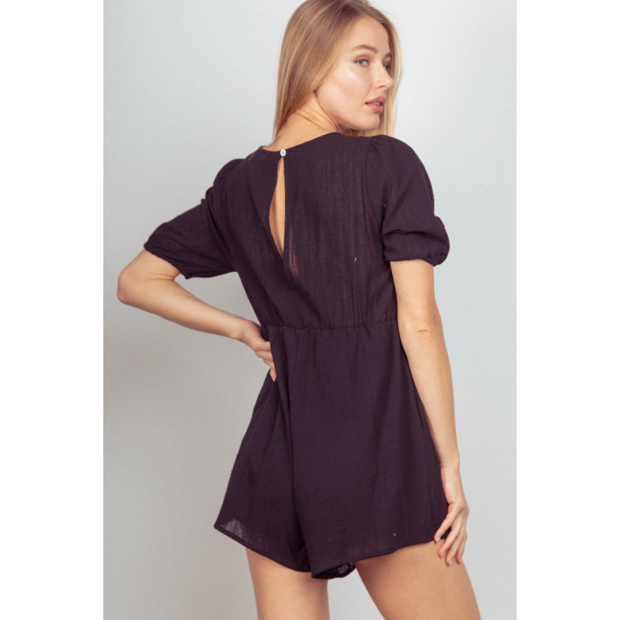 VERY J Lace Detail Puff Sleeve Romper with Pockets Apparel and Accessories