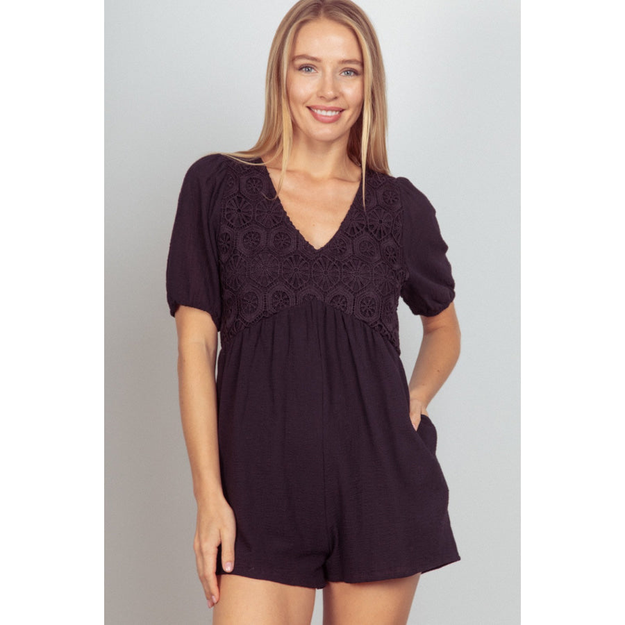 VERY J Lace Detail Puff Sleeve Romper with Pockets Black / S Apparel and Accessories