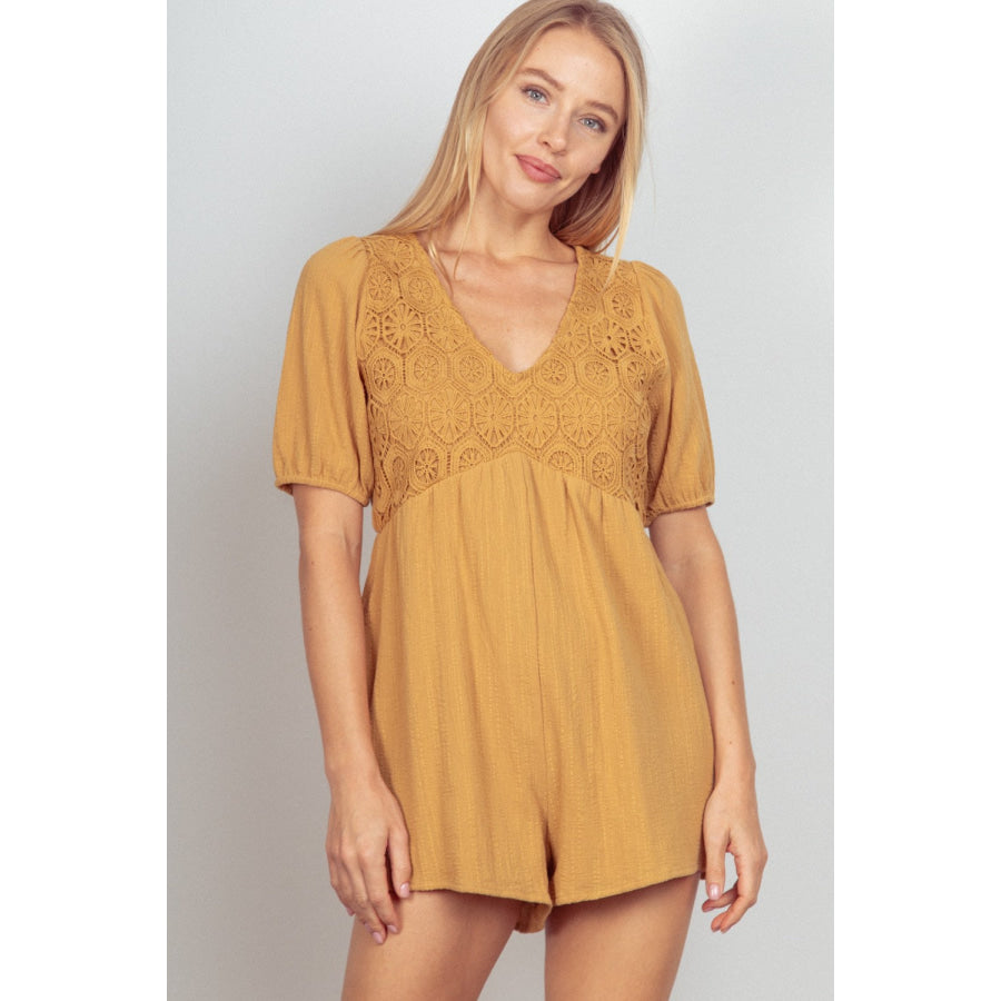VERY J Lace Detail Puff Sleeve Romper with Pockets Camel / S Apparel and Accessories