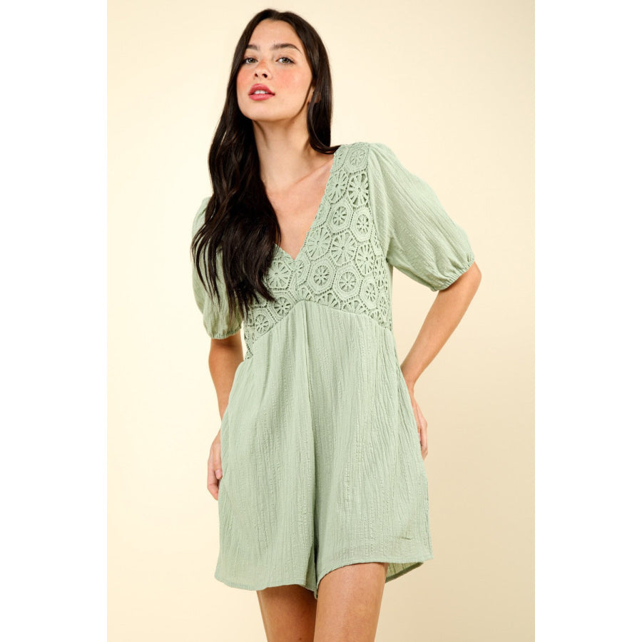 VERY J Lace Detail Puff Sleeve Romper with Pockets Sage / S Apparel and Accessories