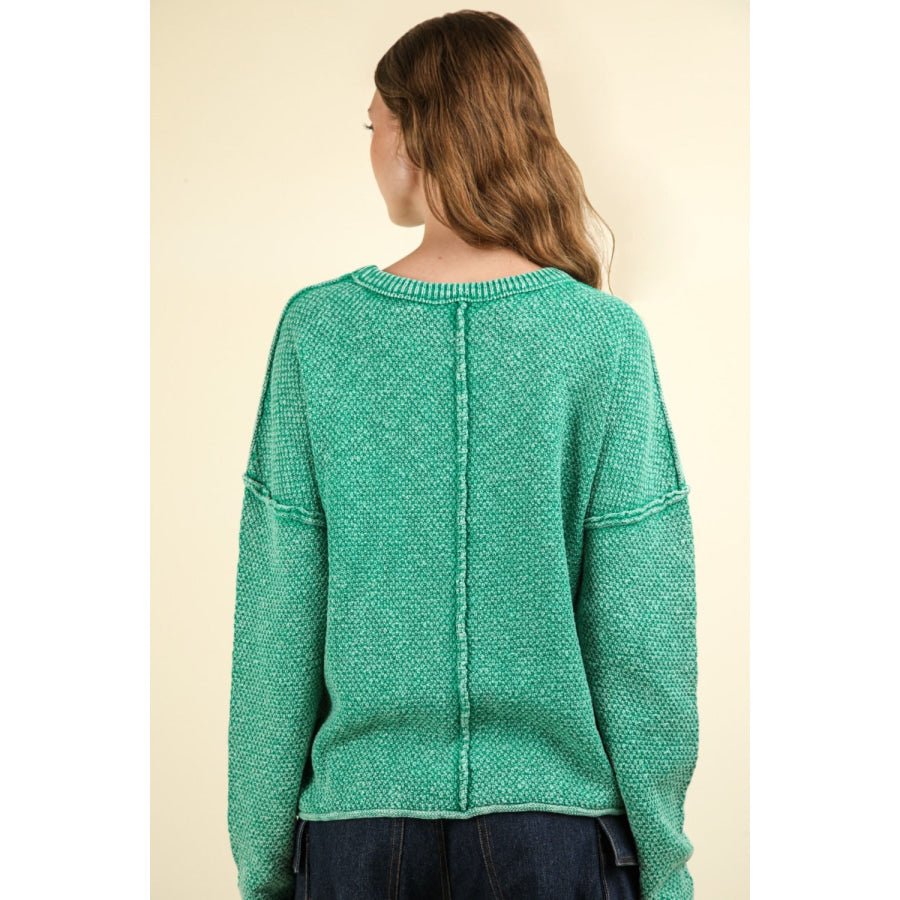 VERY J Mineral Washed Exposed Seam Sweater Kelly Green / S Apparel and Accessories