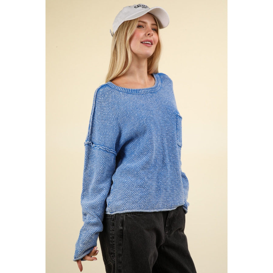 VERY J Mineral Washed Exposed Seam Sweater Apparel and Accessories