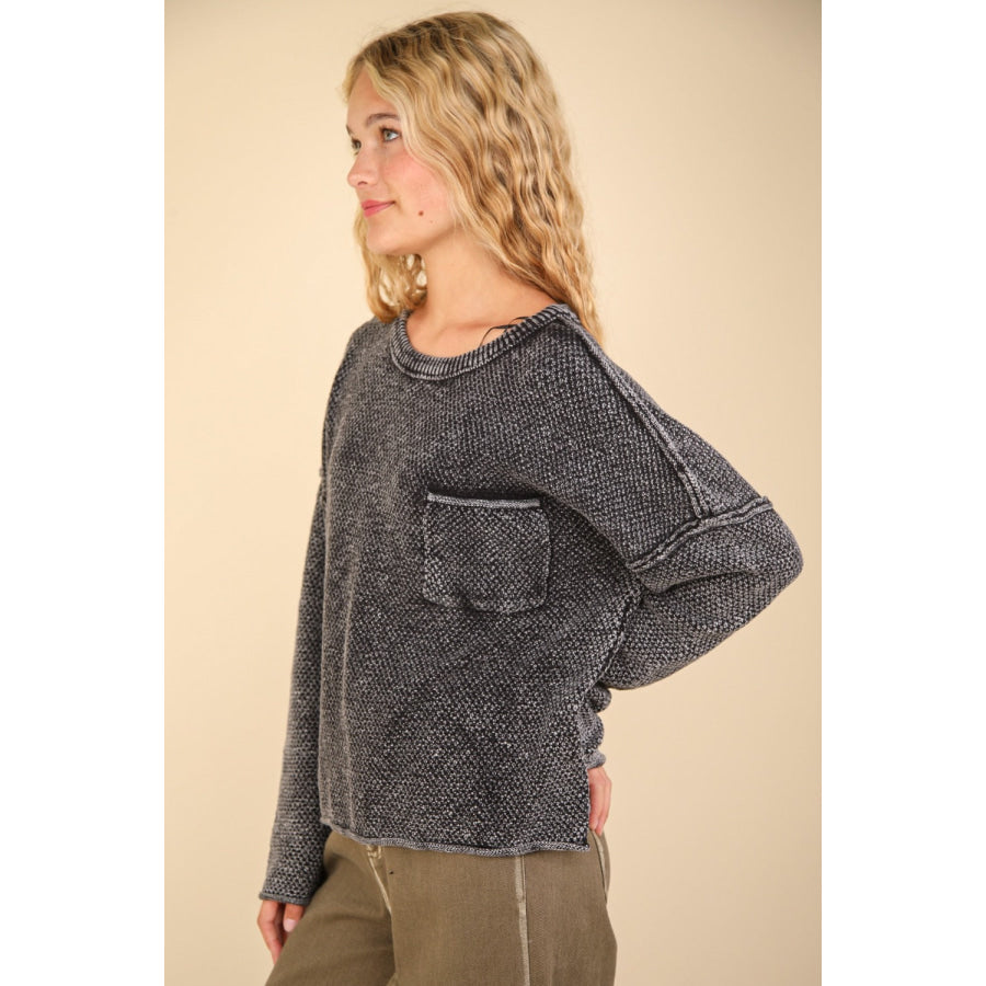 VERY J Mineral Washed Exposed Seam Sweater Apparel and Accessories