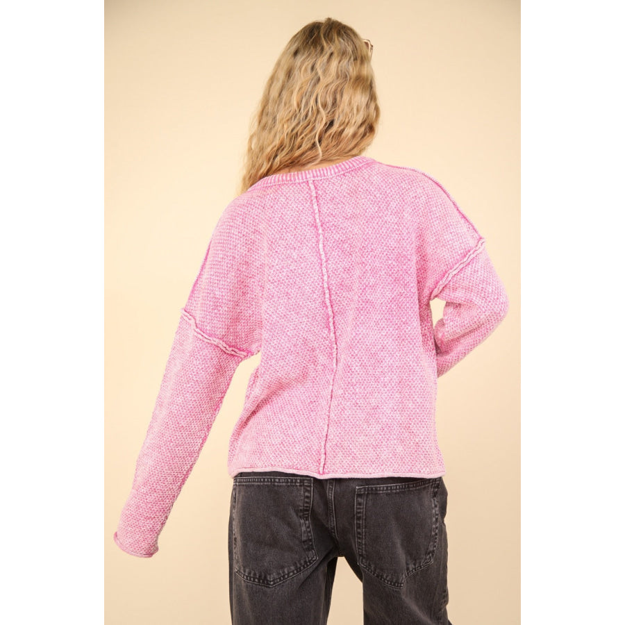 VERY J Mineral Washed Exposed Seam Sweater Pink / S Apparel and Accessories