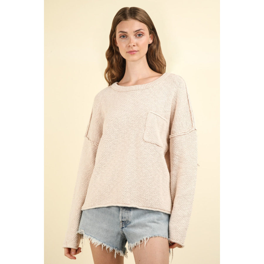 VERY J Mineral Washed Exposed Seam Sweater Beige / S Apparel and Accessories