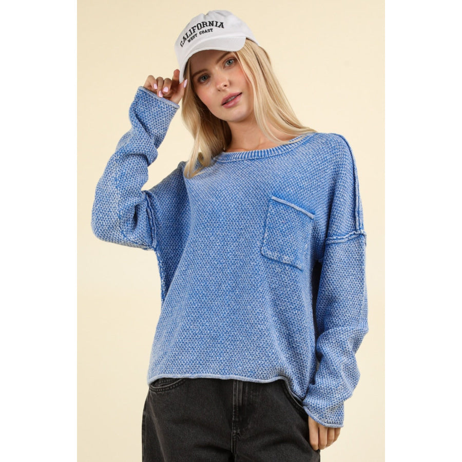 VERY J Mineral Washed Exposed Seam Sweater Blue / S Apparel and Accessories