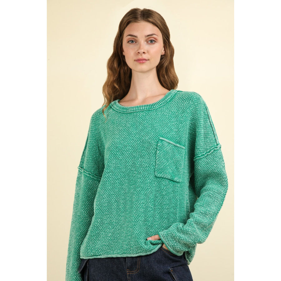 VERY J Mineral Washed Exposed Seam Sweater Kelly Green / S Apparel and Accessories