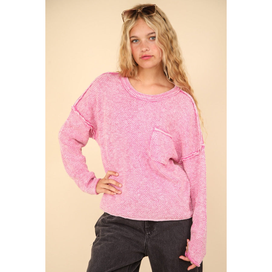 VERY J Mineral Washed Exposed Seam Sweater Pink / S Apparel and Accessories