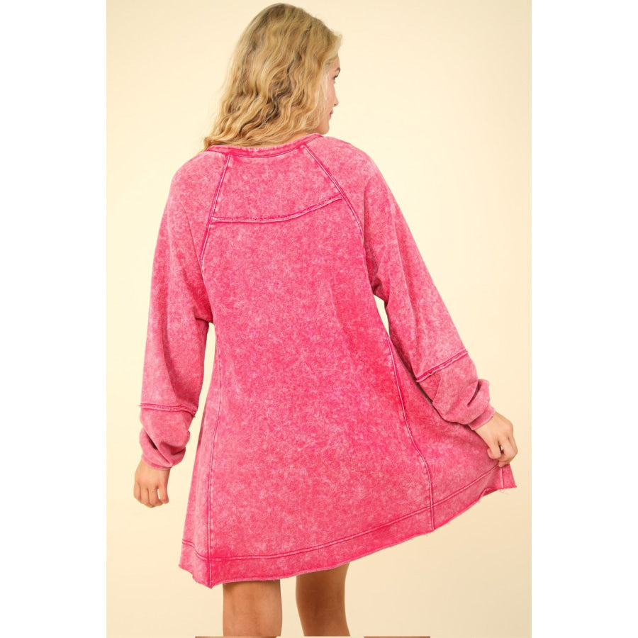 VERY J Mineral Washed Oversized A-Line Mini Dress Magenta / S Apparel and Accessories