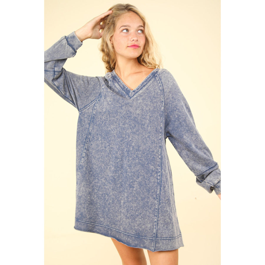 VERY J Mineral Washed Oversized A-Line Mini Dress Denim / S Apparel and Accessories