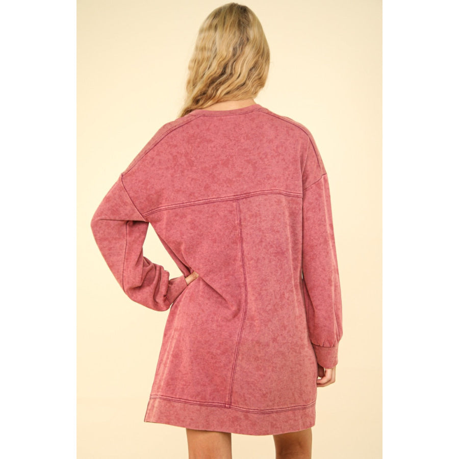 VERY J Mineral Washed Oversized Sweatshirt Mini Dress Magenta / S Apparel and Accessories