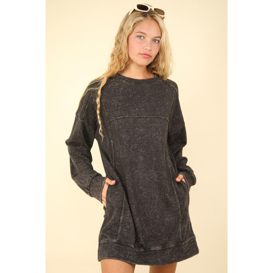 VERY J Mineral Washed Oversized Sweatshirt Mini Dress Black / S Apparel and Accessories