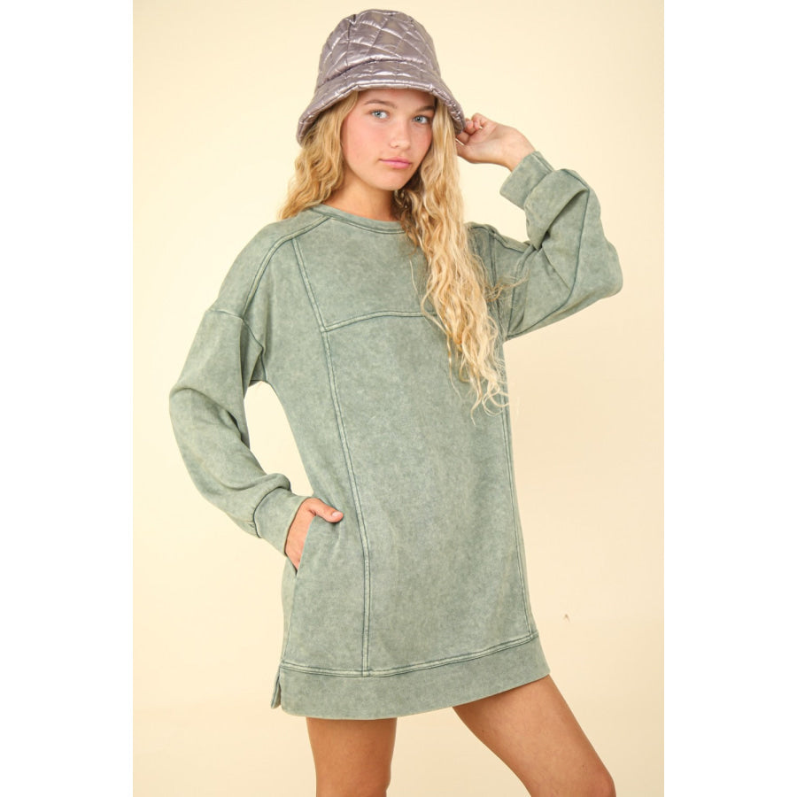 VERY J Mineral Washed Oversized Sweatshirt Mini Dress Sage / S Apparel and Accessories