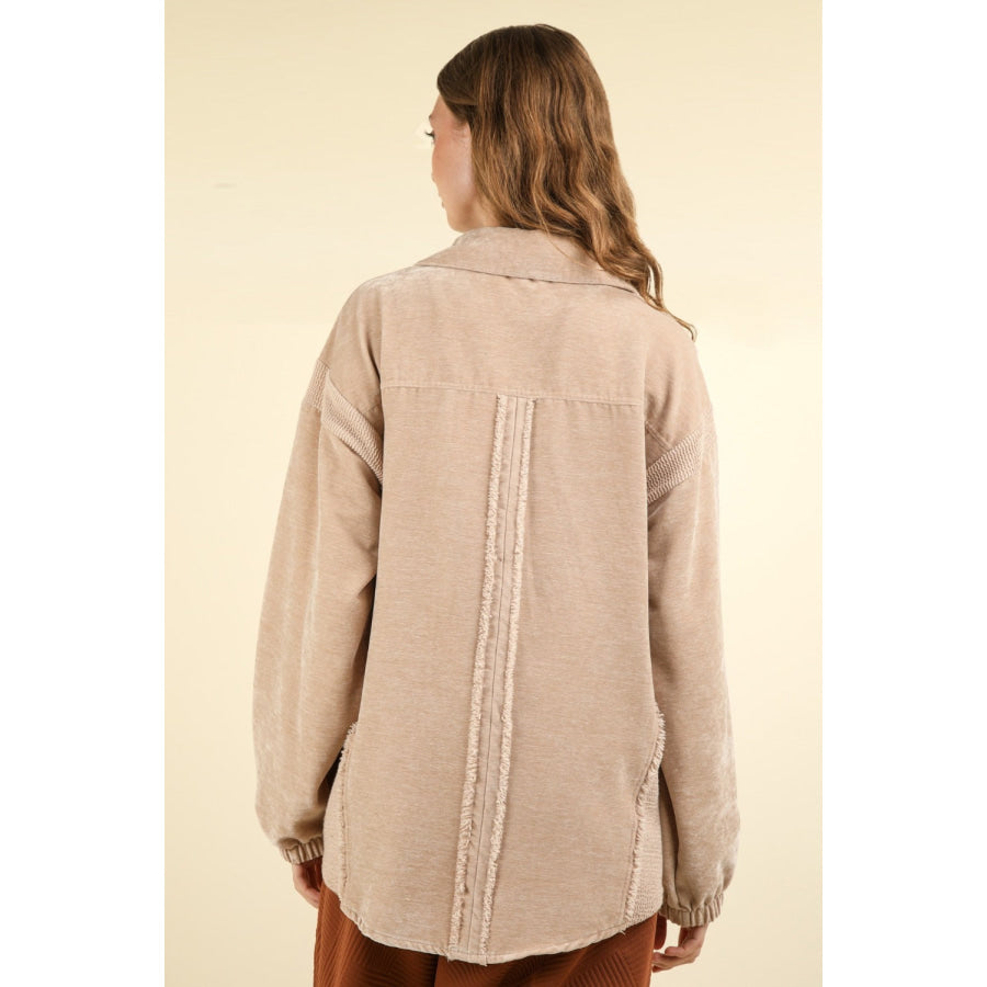 VERY J Mixed Media Button Down Raw Hem Shacket Taupe / S Apparel and Accessories