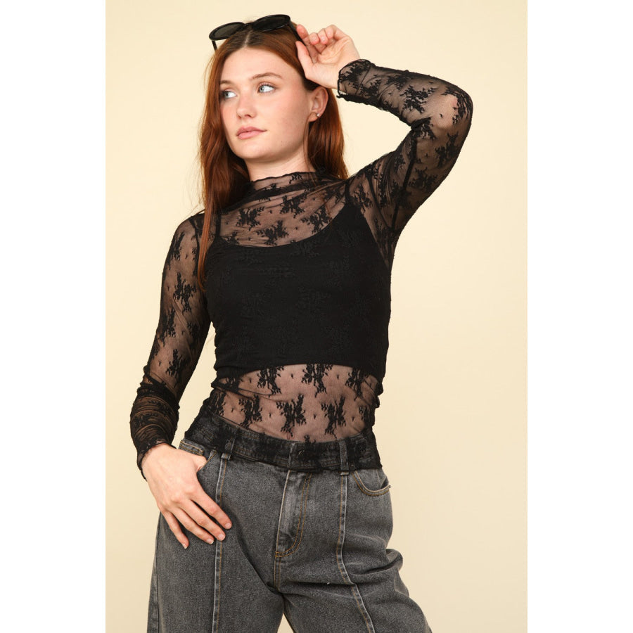 VERY J Mock Neck Fitted Sheer Mesh Lace Blouse Black / S Apparel and Accessories