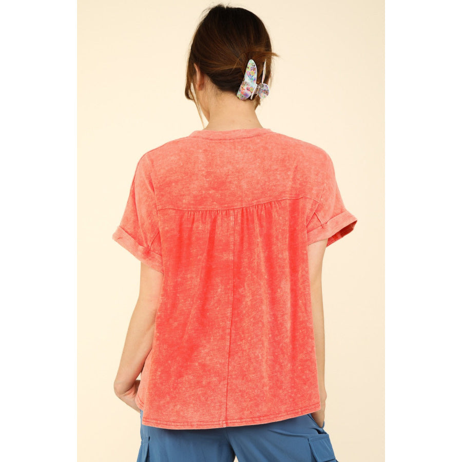 VERY J Nochted Short Sleeve Washed T-Shirt Coral / S Apparel and Accessories