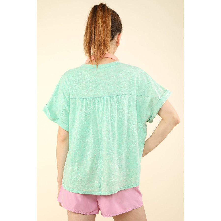 VERY J Nochted Short Sleeve Washed T-Shirt Green / S Apparel and Accessories