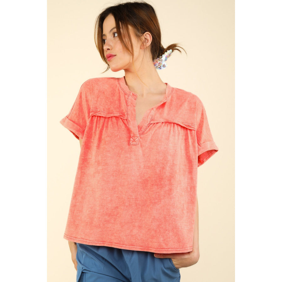 VERY J Nochted Short Sleeve Washed T-Shirt Coral / S Apparel and Accessories