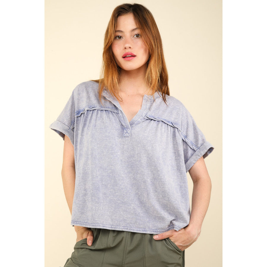 VERY J Nochted Short Sleeve Washed T-Shirt Denim / S Apparel and Accessories