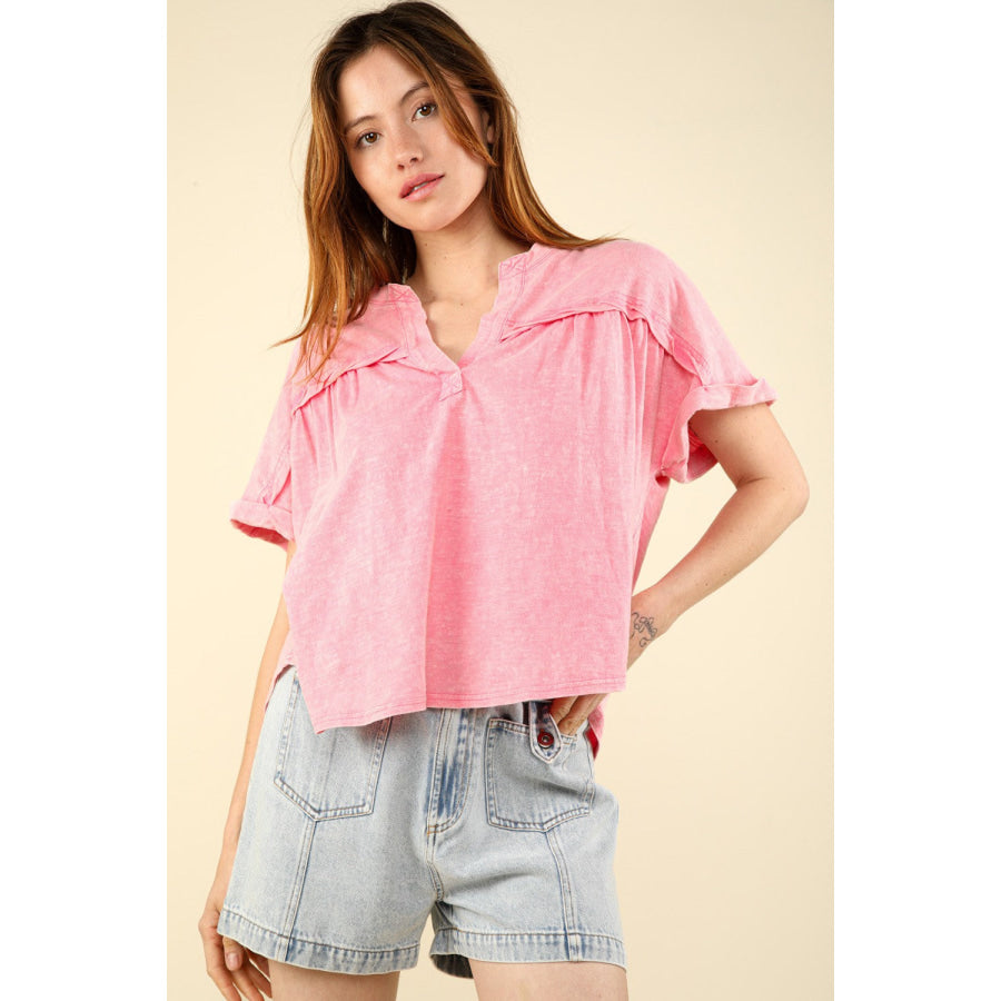VERY J Nochted Short Sleeve Washed T-Shirt Pink / S Apparel and Accessories