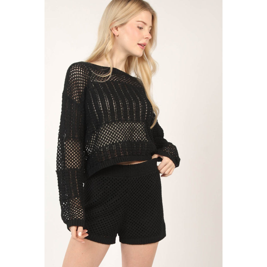 VERY J Openwork Cropped Cover Up and Shorts Set Apparel Accessories