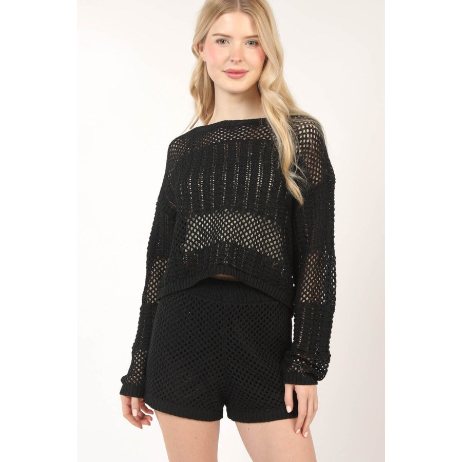 VERY J Openwork Cropped Cover Up and Shorts Set Black / S Apparel Accessories