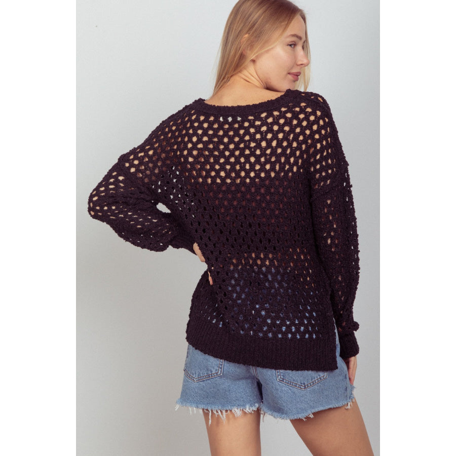 VERY J Openwork Slit Knit Cover Up Black / S Apparel and Accessories