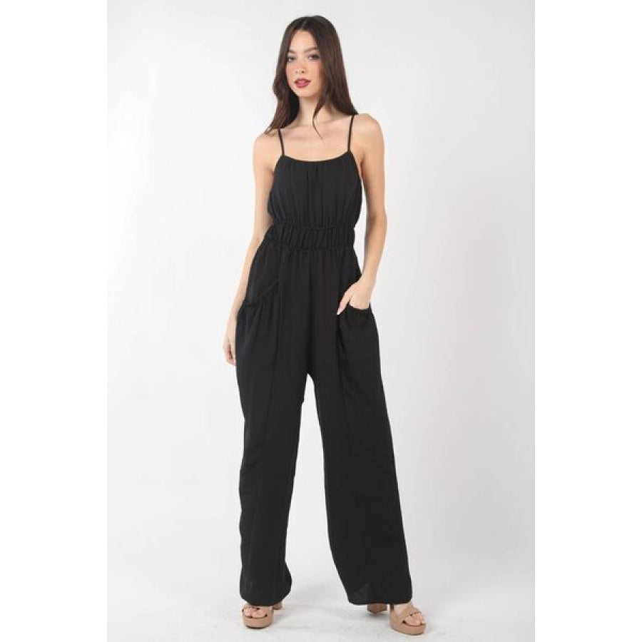 VERY J Pintuck Detail Woven Sleeveless Jumpsuit BLACK / S Apparel and Accessories