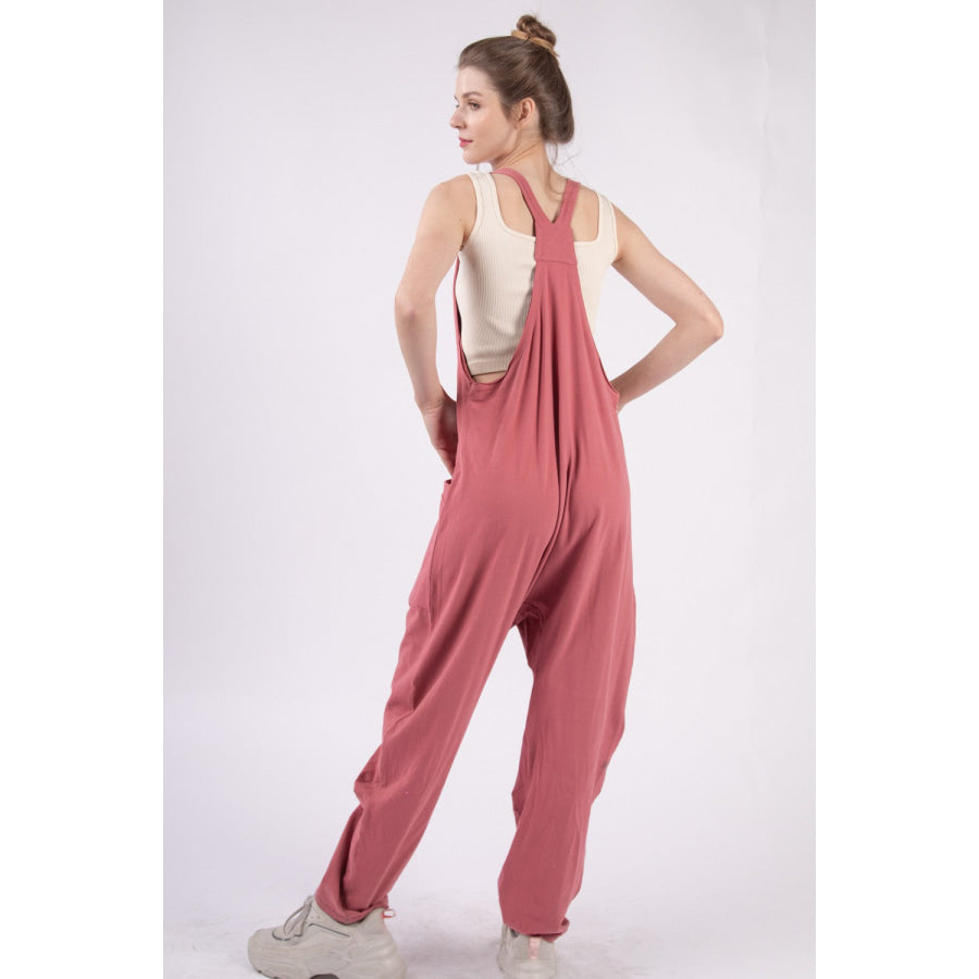 VERY J Plunge Sleeveless Jumpsuit with Pockets Brick / S Apparel and Accessories
