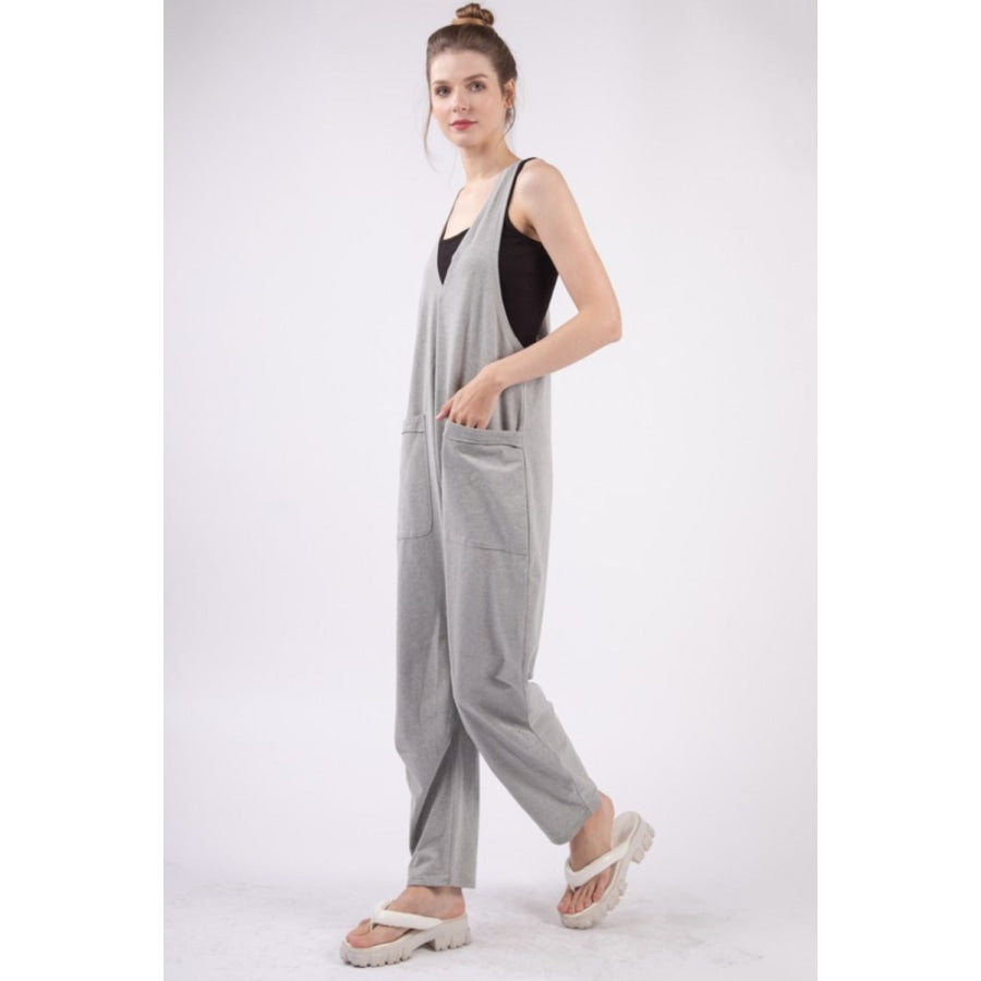 VERY J Plunge Sleeveless Jumpsuit with Pockets Apparel and Accessories