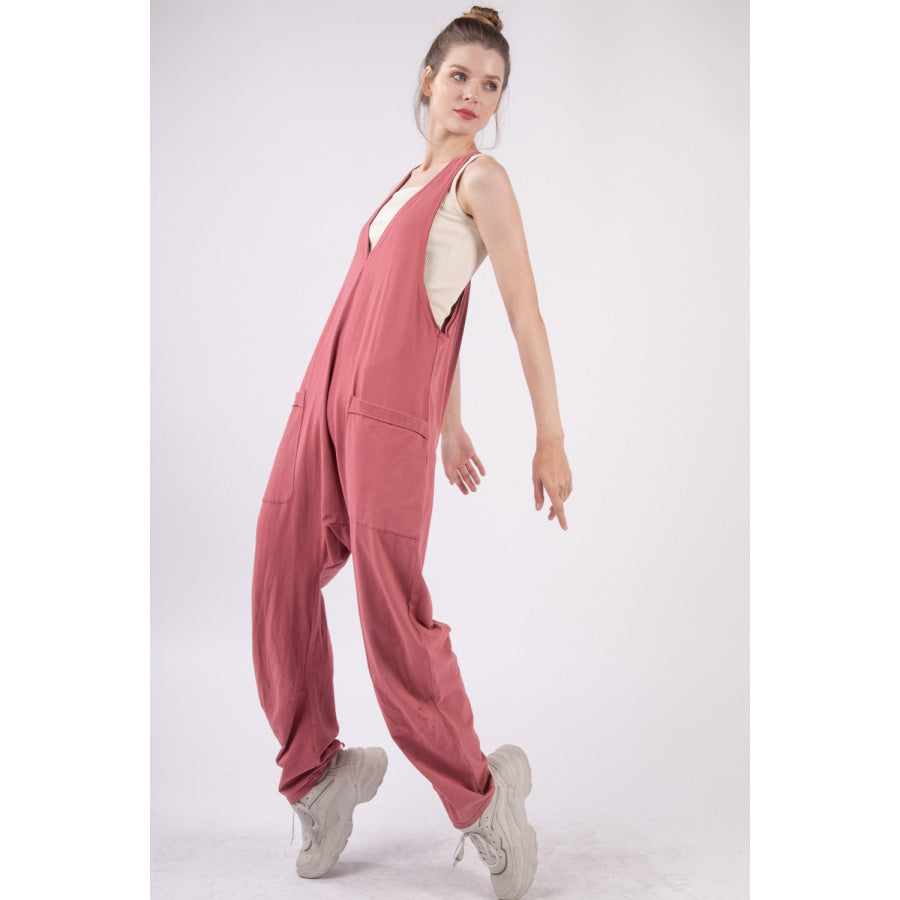 VERY J Plunge Sleeveless Jumpsuit with Pockets Apparel and Accessories