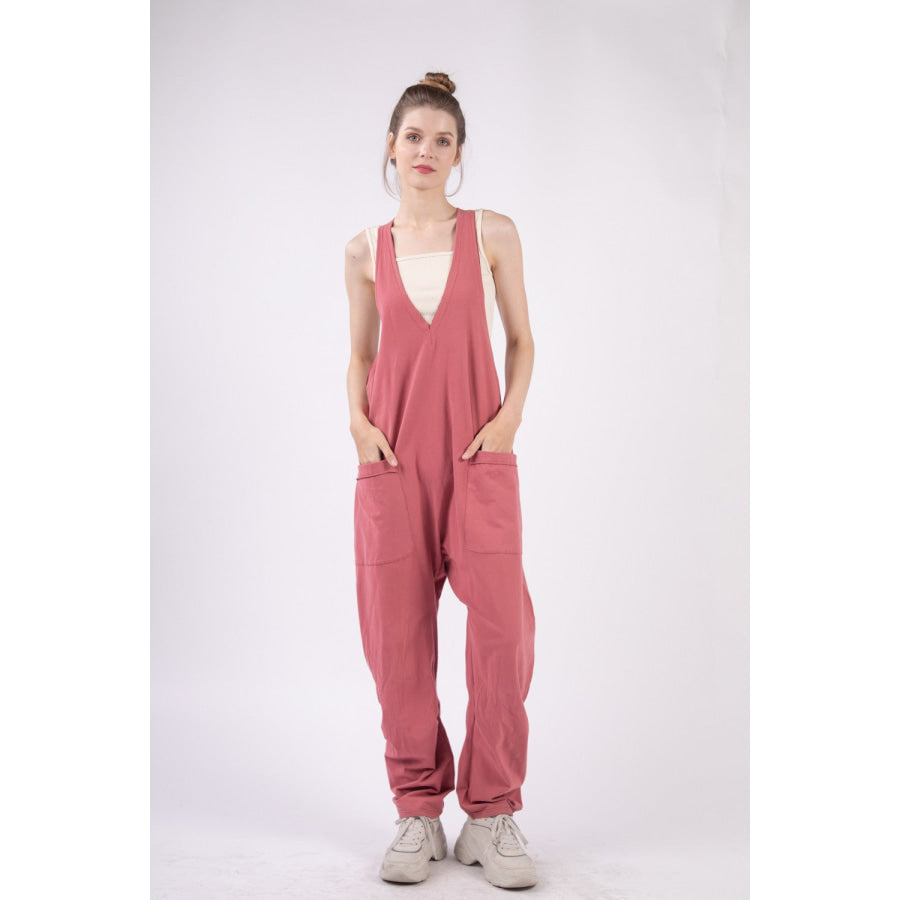 VERY J Plunge Sleeveless Jumpsuit with Pockets Brick / S Apparel and Accessories
