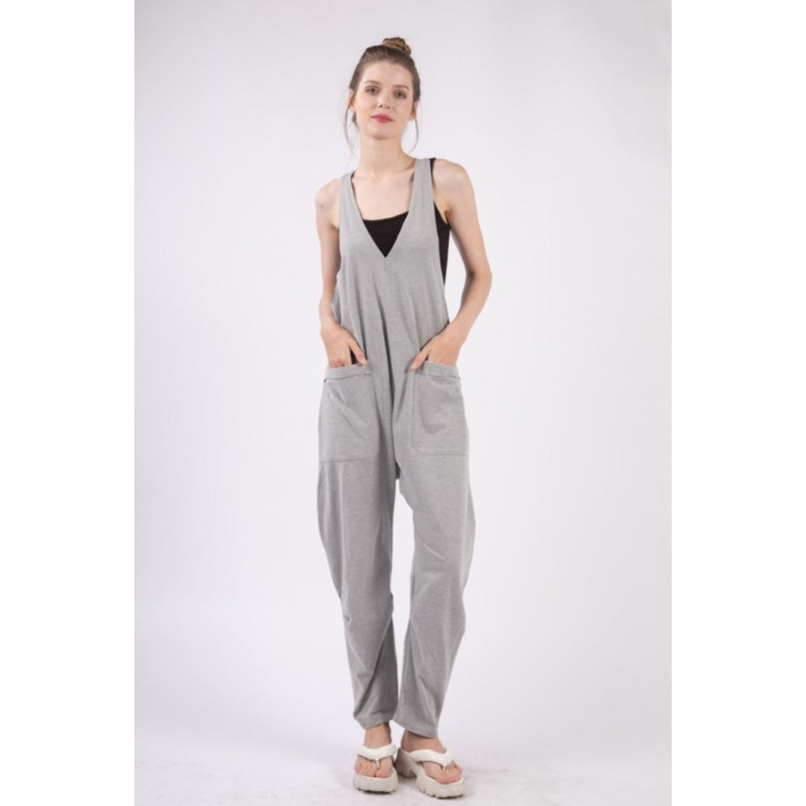 VERY J Plunge Sleeveless Jumpsuit with Pockets Grey / S Apparel and Accessories