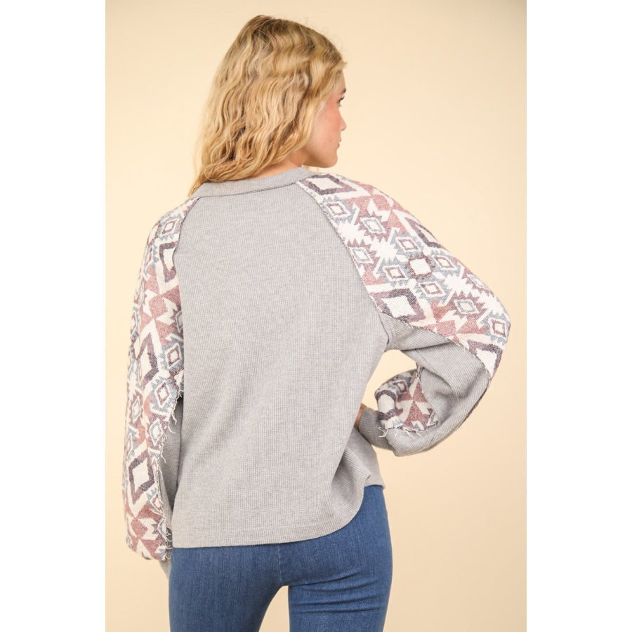 VERY J Printed Long Sleeve Round Neck Knit Top Apparel and Accessories