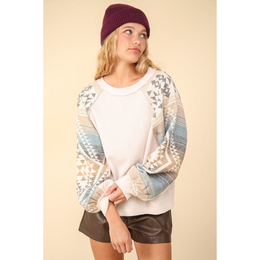 VERY J Printed Long Sleeve Round Neck Knit Top Apparel and Accessories