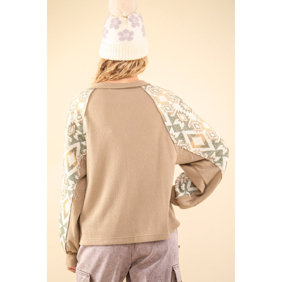 VERY J Printed Long Sleeve Round Neck Knit Top Taupe / S Apparel and Accessories