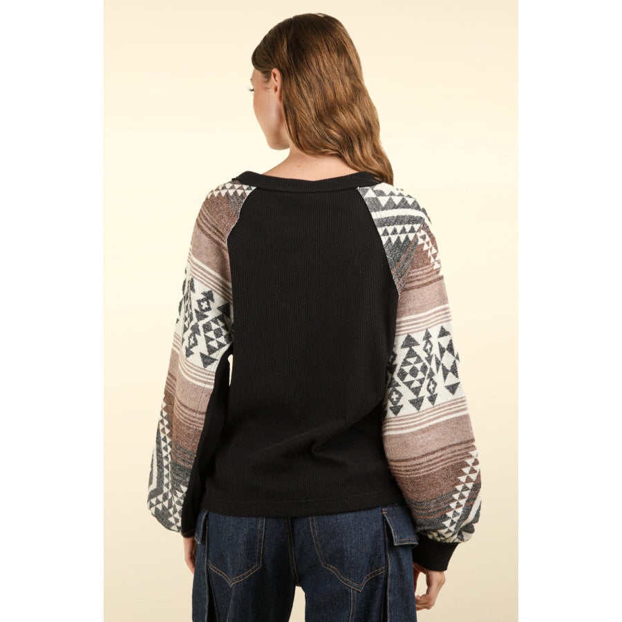 VERY J Printed Long Sleeve Round Neck Knit Top Apparel and Accessories