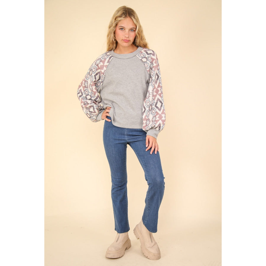 VERY J Printed Long Sleeve Round Neck Knit Top Apparel and Accessories