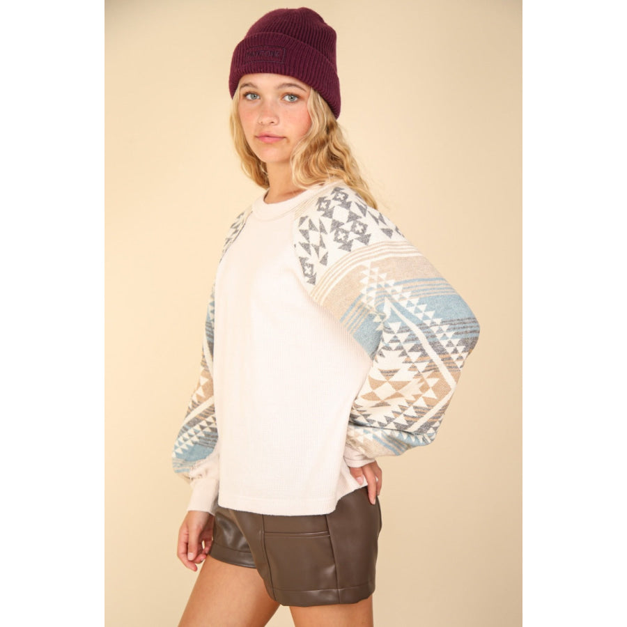 VERY J Printed Long Sleeve Round Neck Knit Top Apparel and Accessories