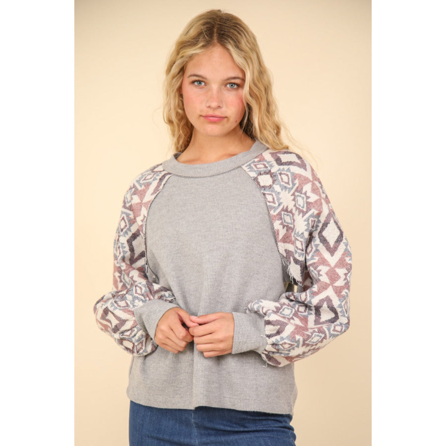 VERY J Printed Long Sleeve Round Neck Knit Top Apparel and Accessories