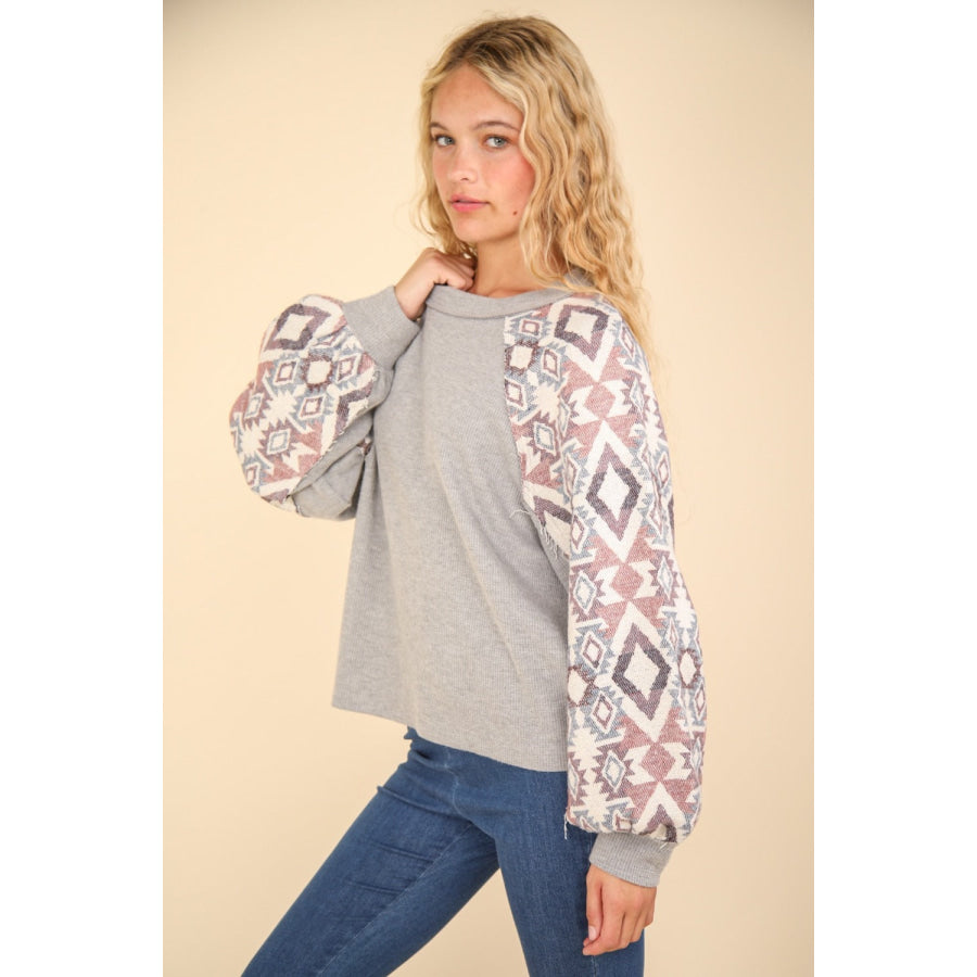 VERY J Printed Long Sleeve Round Neck Knit Top Apparel and Accessories