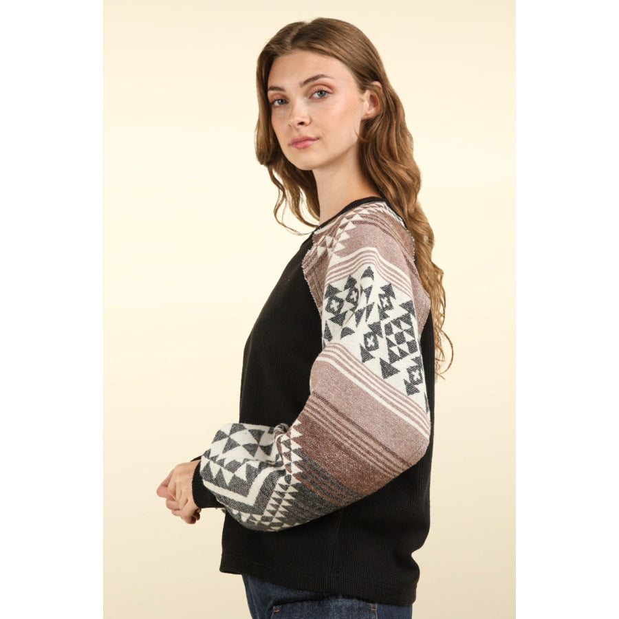 VERY J Printed Long Sleeve Round Neck Knit Top Apparel and Accessories